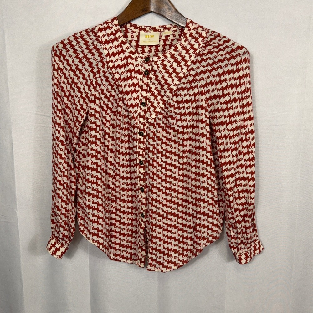 Maeve Blouse Anthropologie Geometric Abstract Print Red Cream Women XS